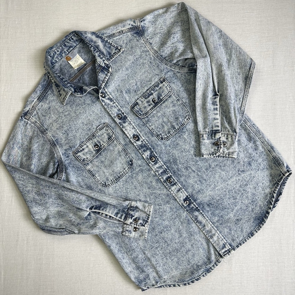 Vtg 80s Carhartt Denim Jean Shirt Jacket Shacket Acid Wash Men L Blue Gorpcore